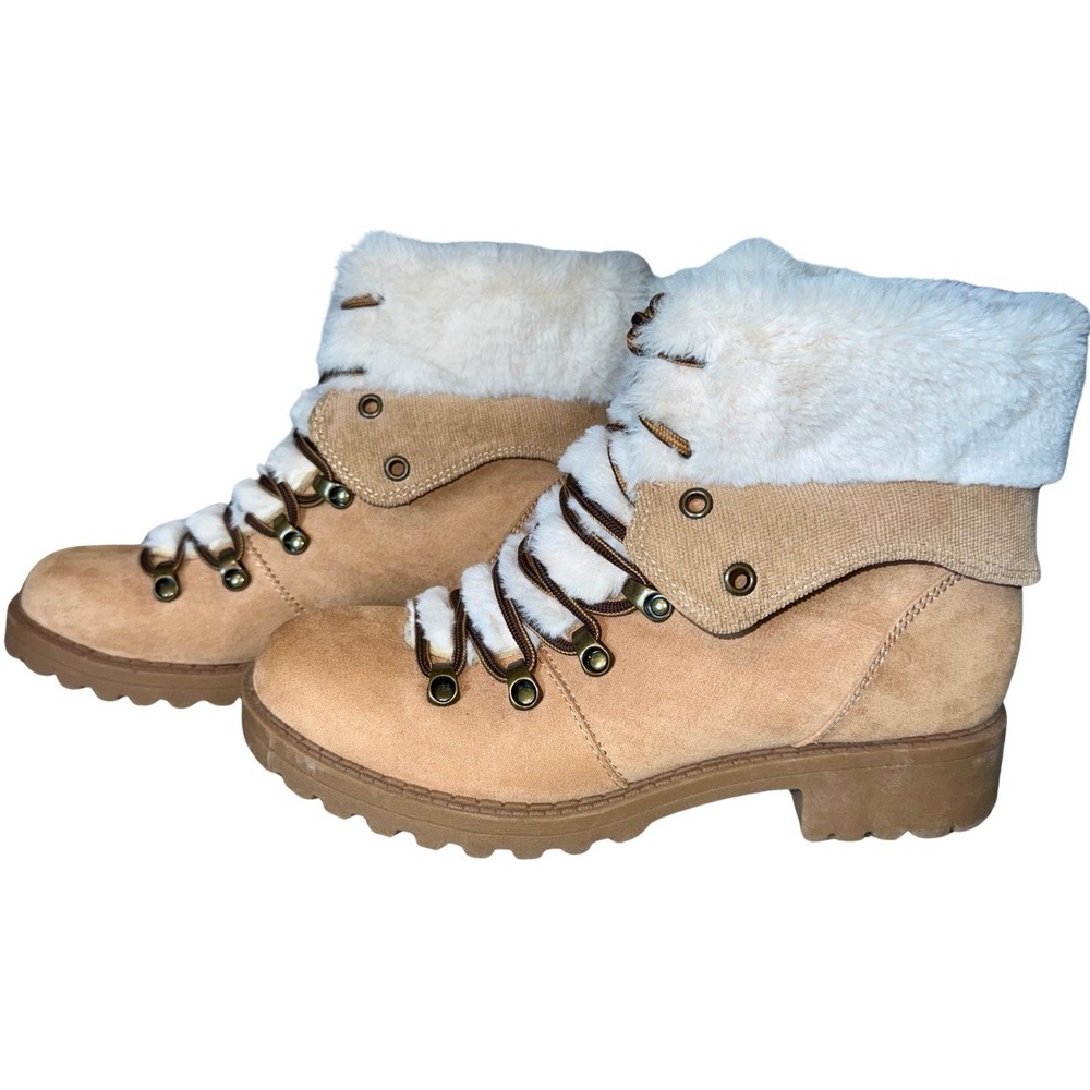 Women's Tan Faux‎ Fur Hiking Boots Lace Up Block Heel Size 8M Kraft Pop NWOB